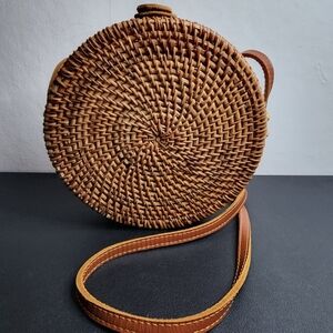 Brown Woven Round Crossbody Bag